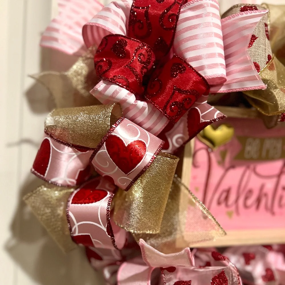 Handmade 17” Valentine’s Day Ribbon Wreath Hearts in Red & White w27